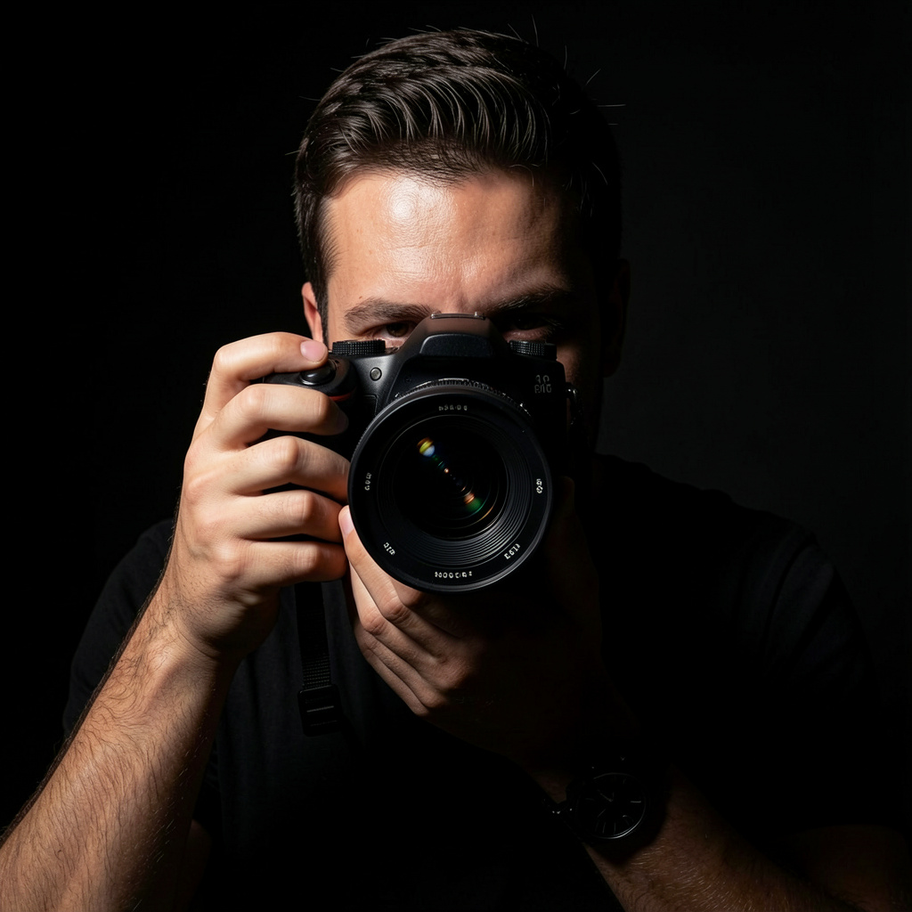Fotógrafo sosteniendo una cámara profesional sobre fondo negro